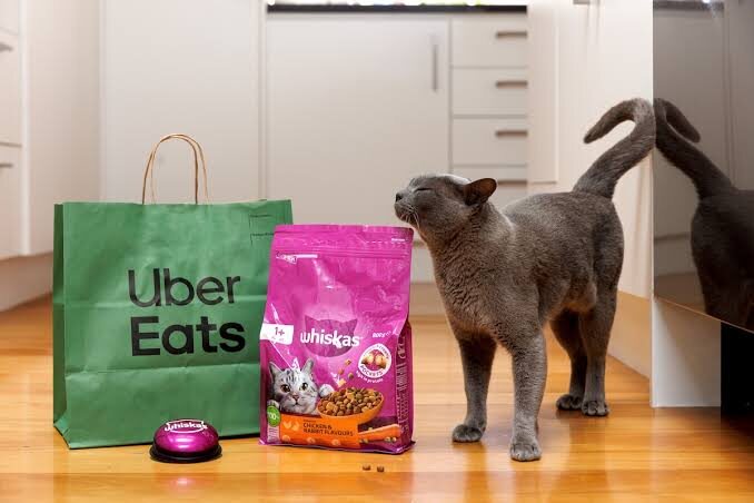 Whiskas and Uber Eats, the Pocket Dial campaign: a cat beside an Uber Eats bag and a Whiskas pack