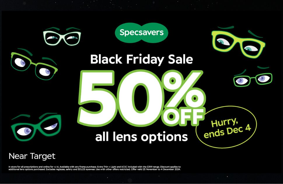 Specsavers Black Friday sale creative: 50 percent off all lens options