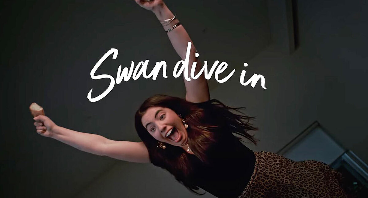 Black Swan Dips brand campaign, swan dive in, a woman leaning back joyfully