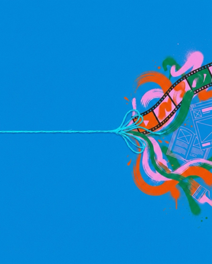 yaaarn poster: a thread unravelling into film, layouts and paint