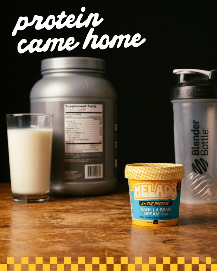 The Helado cup beside a protein tub and shaker
