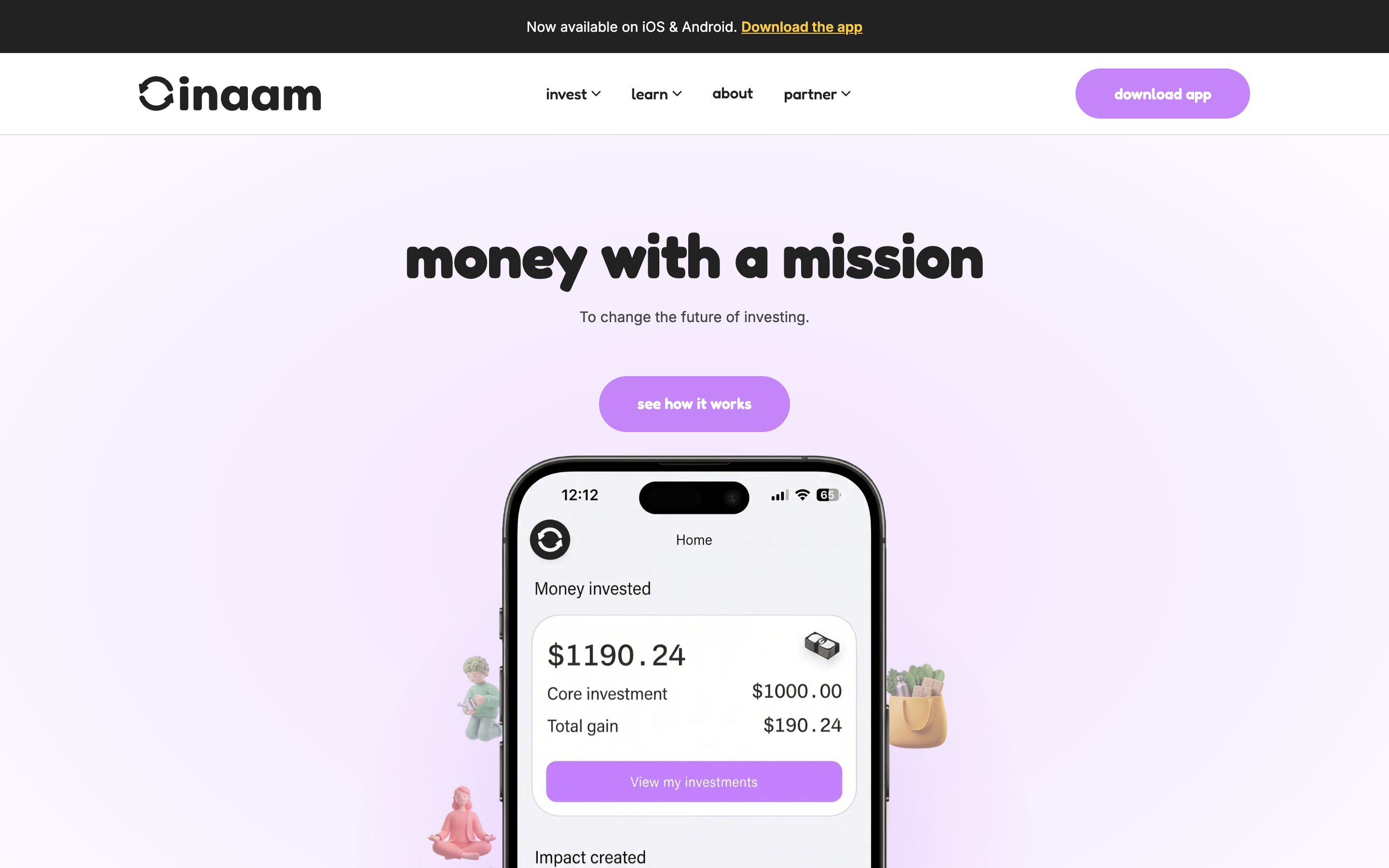 The inaam.me homepage hero with the download app path