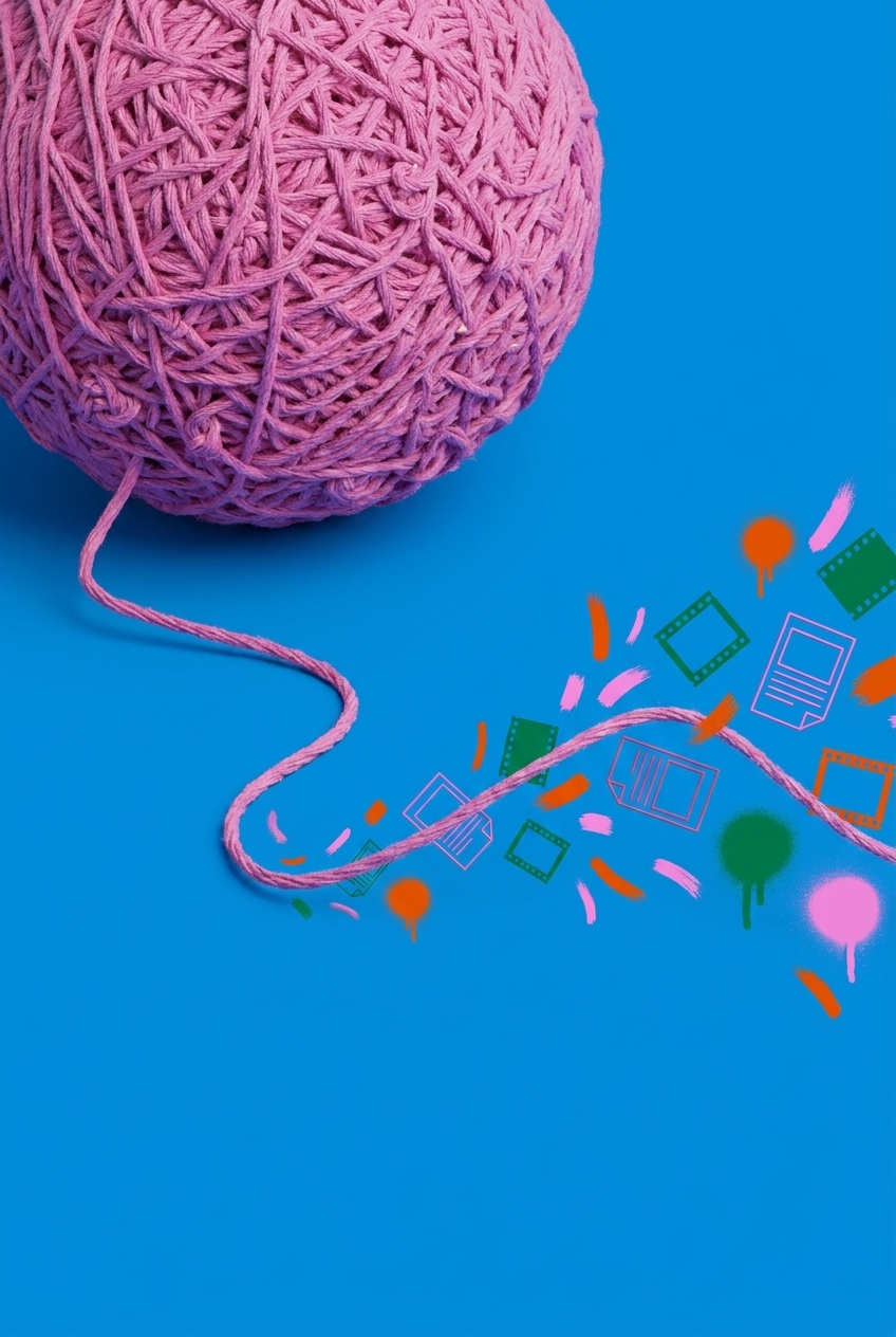 A pink ball of yarn unravelling into brush strokes, film frames and wireframes.
