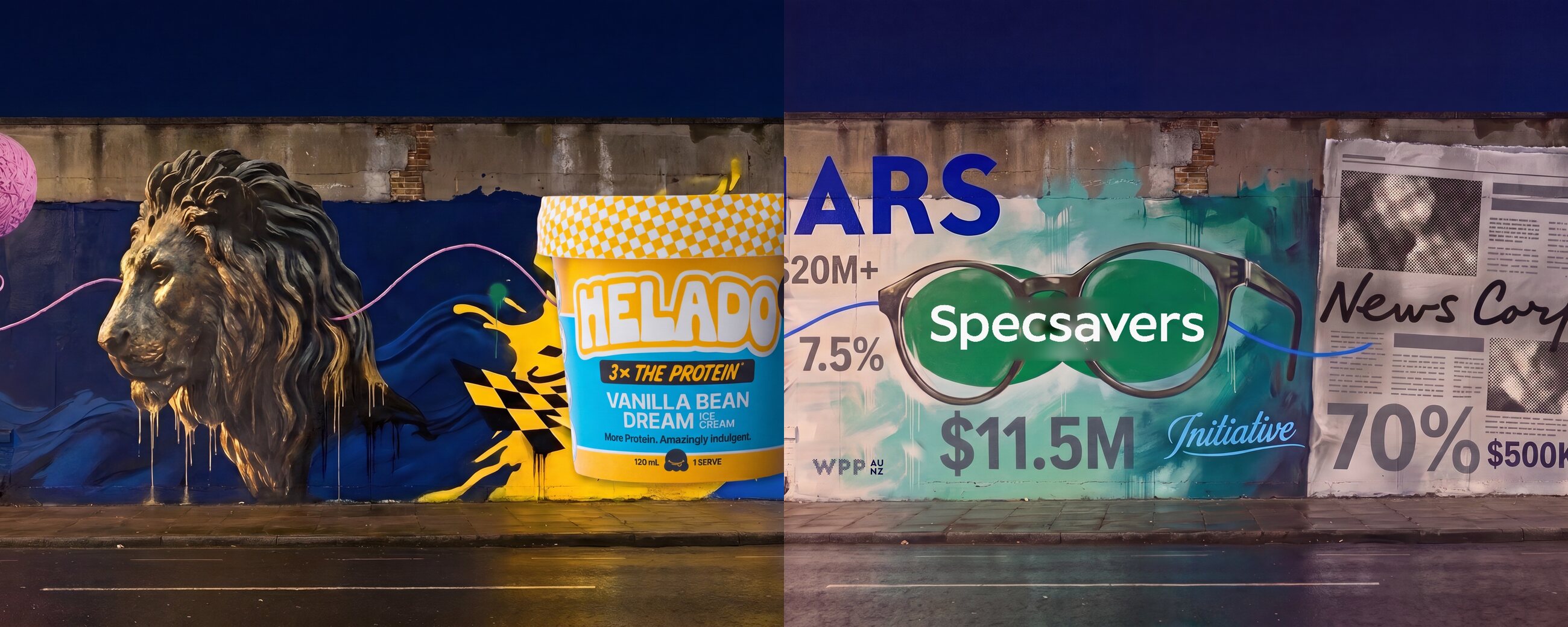 Two painted walls side by side: the studio work (the Helado cup, the Lydian lion) on the left, the agency years (Mars, Specsavers) on the right