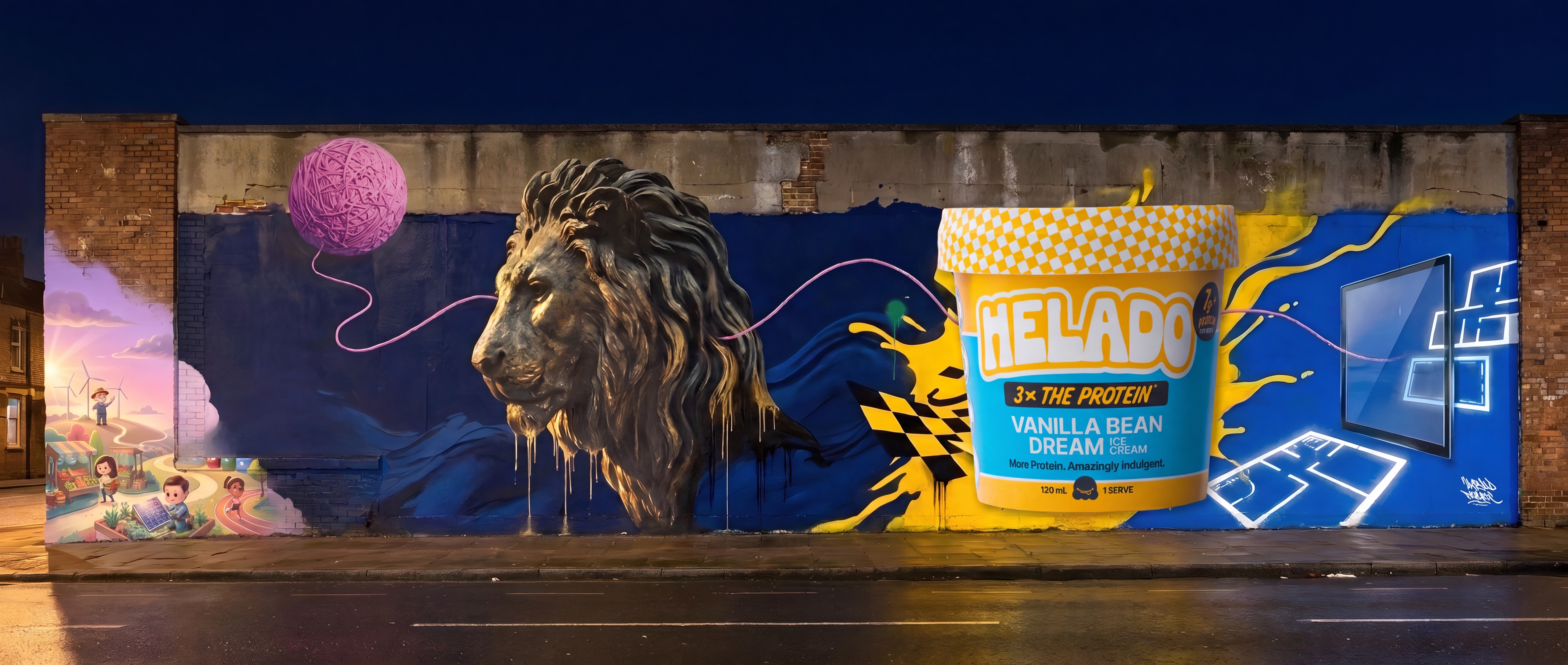 One painted wall holding five worlds: inaam, Lydian, Helado, Latitude and yaaarn, tied by a single pink thread.