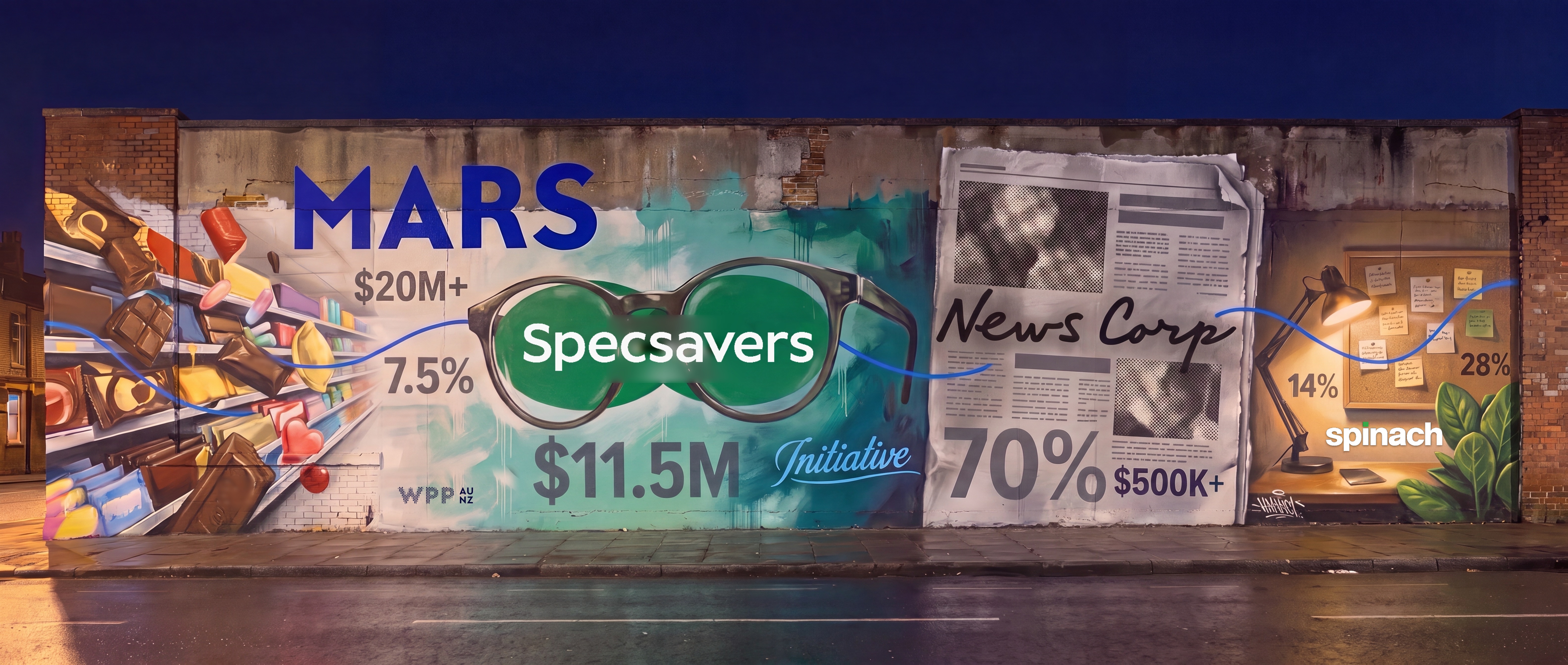 One painted night mural holding four rooms: the Mars Wrigley confectionery aisle, the Specsavers glasses, the News Corp masthead and the Spinach studio, tied by one electric blue line.